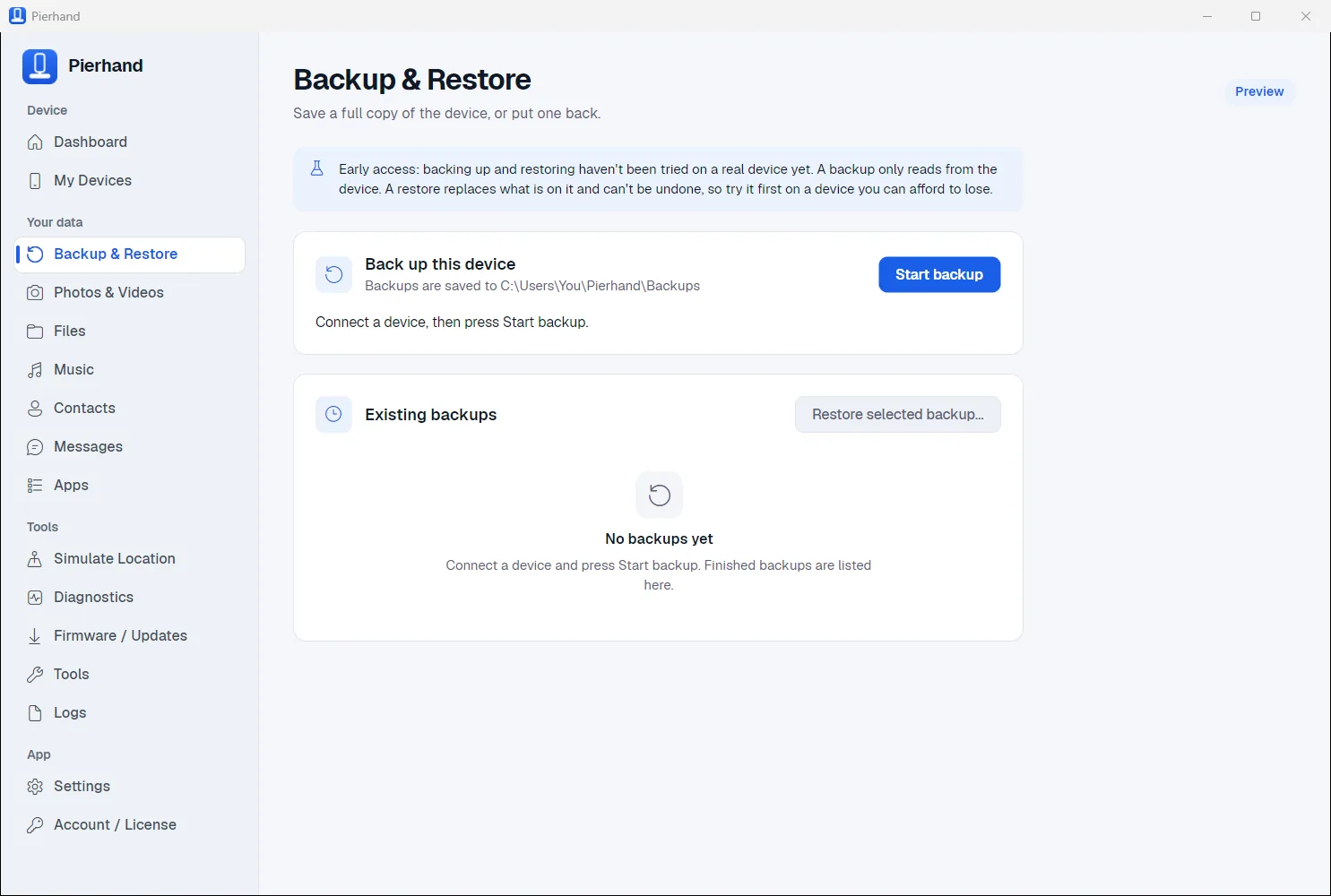 The Pierhand Backup and Restore page. A Start backup button, the folder backups are saved to, and an empty list of existing backups.