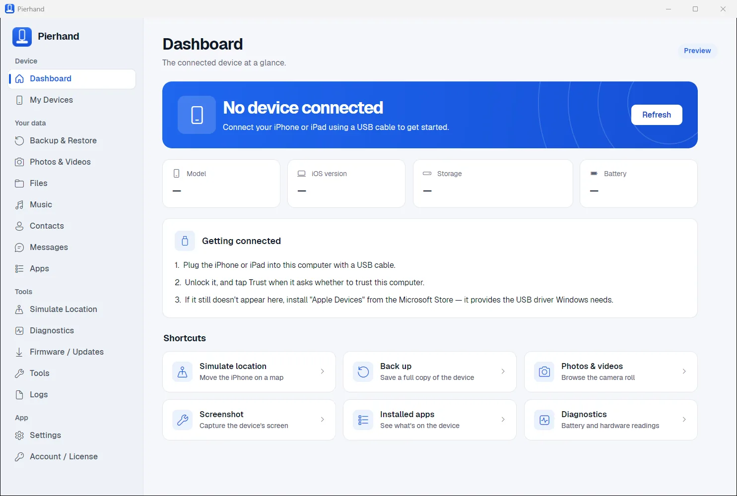 The Pierhand dashboard. A blue panel waiting for a device, tiles for model, iOS version, storage and battery, three steps for getting connected, and six shortcuts.