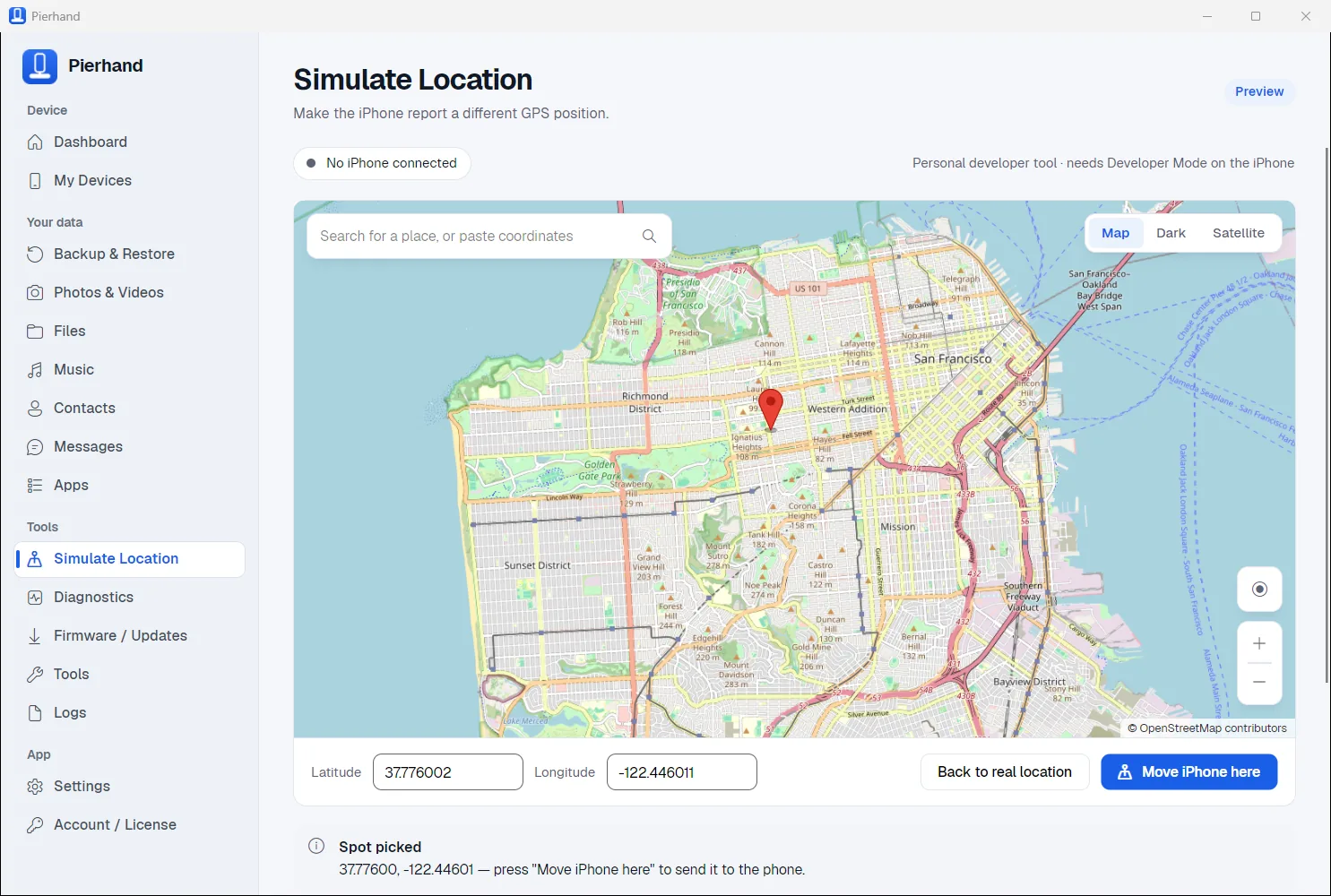 The Pierhand window on its Simulate Location page. A street map of San Francisco with a red pin dropped on it, latitude and longitude boxes under it, and a blue button that reads Move iPhone here.