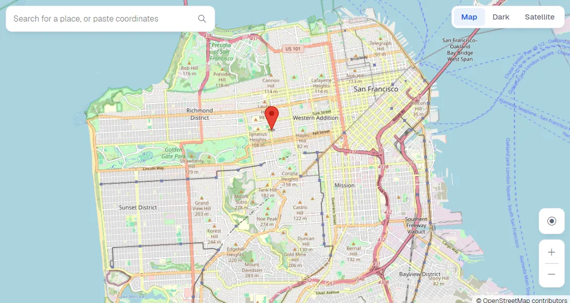 Pierhand's map, zoomed in on San Francisco, with a red pin dropped near the middle of the city.